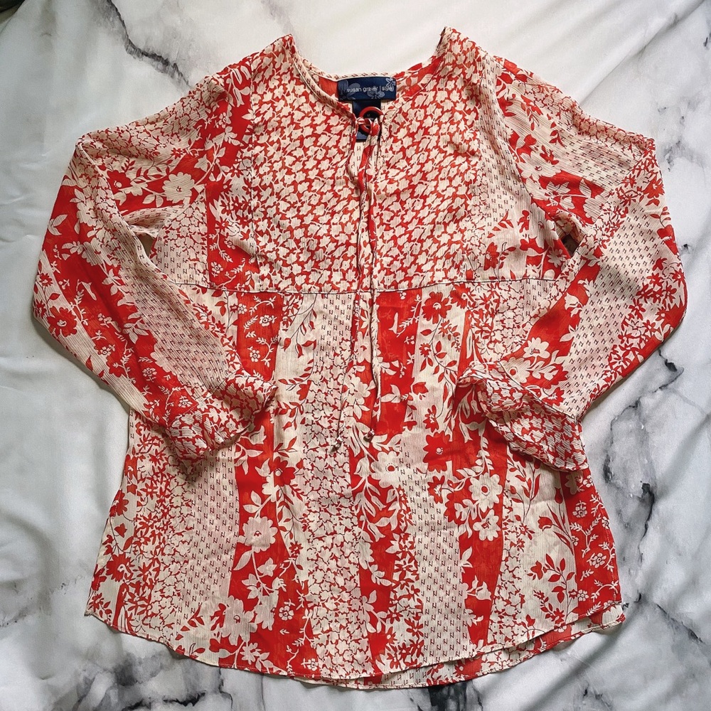 Susan Graver Red and White Sheer Blouse